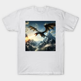 Unveiling the Majestic Sight: A Fire-Breathing Dragon Soaring Over the Mountain Peaks in Stunning Detail T-Shirt